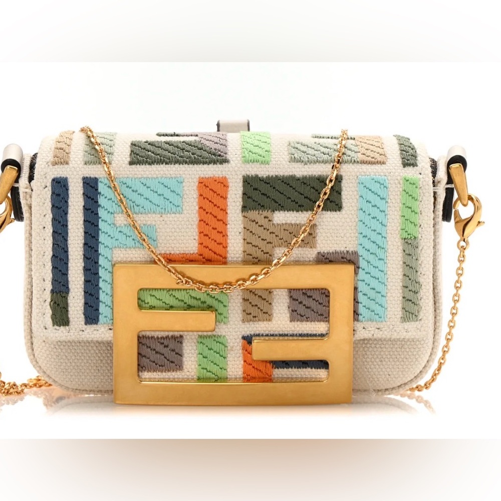 Authentic EUC Fendi Canvas FF Embroidery Nano Baguette Charm in beige multicolor - Picture 1 of 6